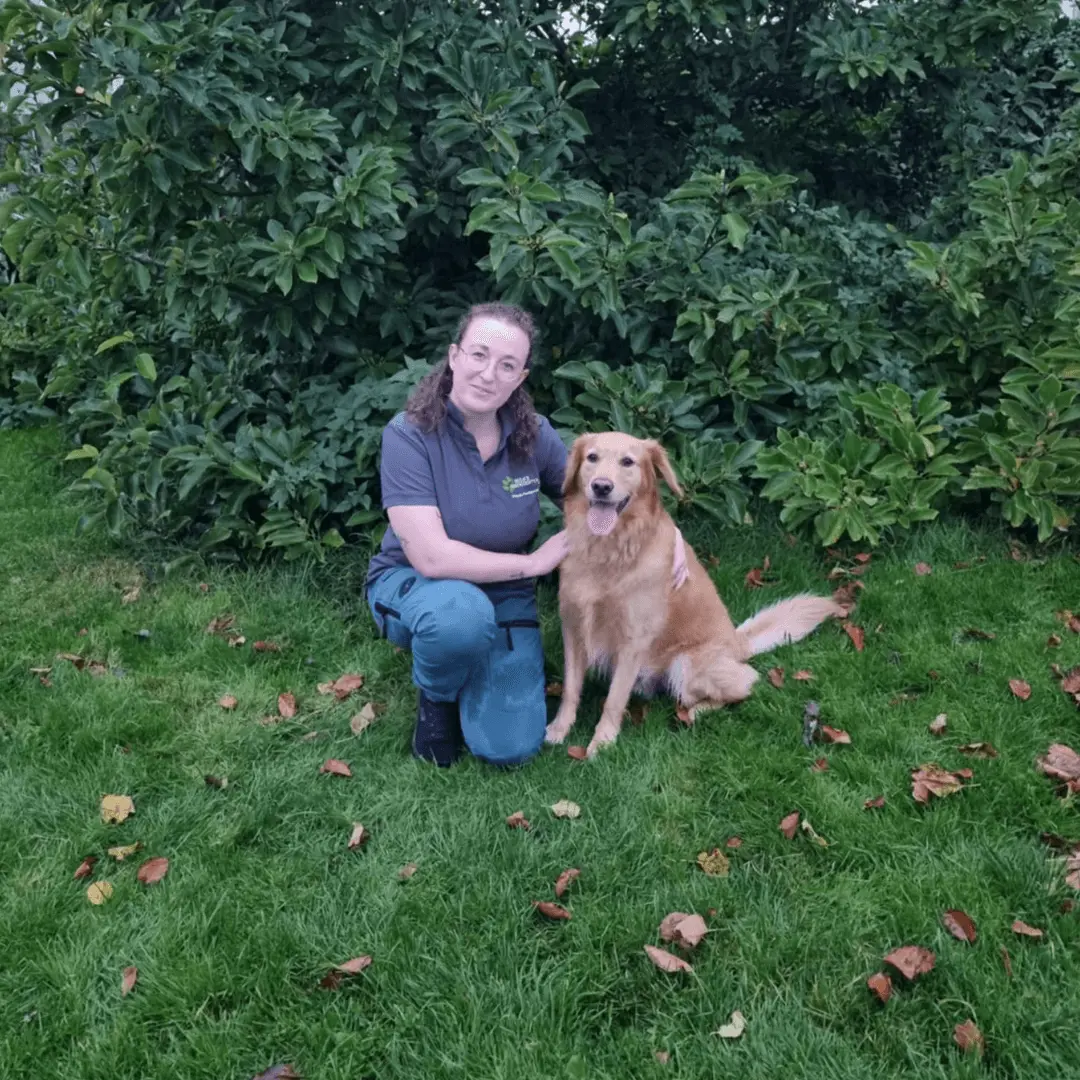 Kvinde sidder på græs med venlig hund
